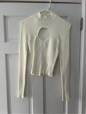 Cream Ribbed Long Sleeve Mock Neck Cutout Top